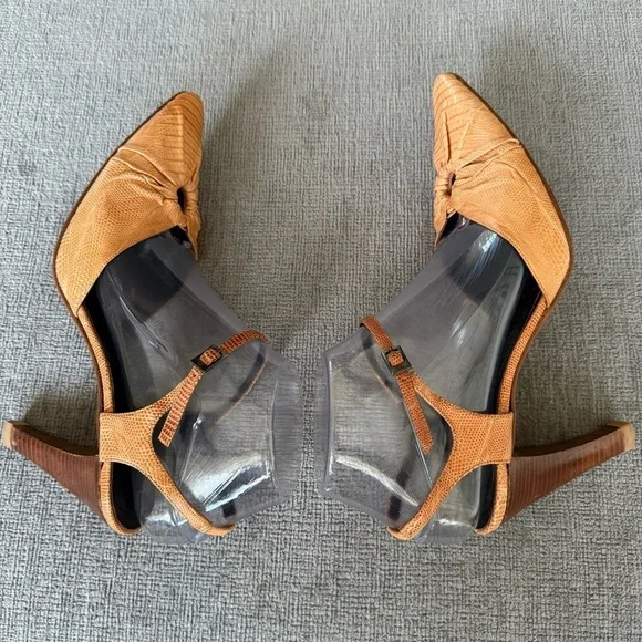 GIORGIO ARMANI Womens Croc Embossed Leather Heels Brown Tan Slingback Sz 38 1/2 - Picture 5 of 13